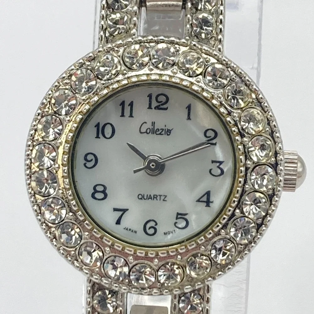 Collezio Womens Watch 22mm Silver Tone Crystals Bling MOP Dial New Battery 6.75